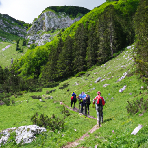 A group of hikers trekking through a mountain trail